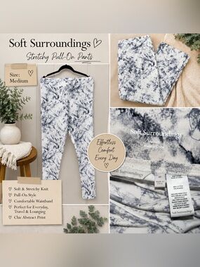 Soft Surroundings Stretch Knit Pull-On Pants gray and white Print Size Large
